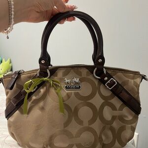 Coach Khaki Canvas Satchel with Dark Brown Leather Handles